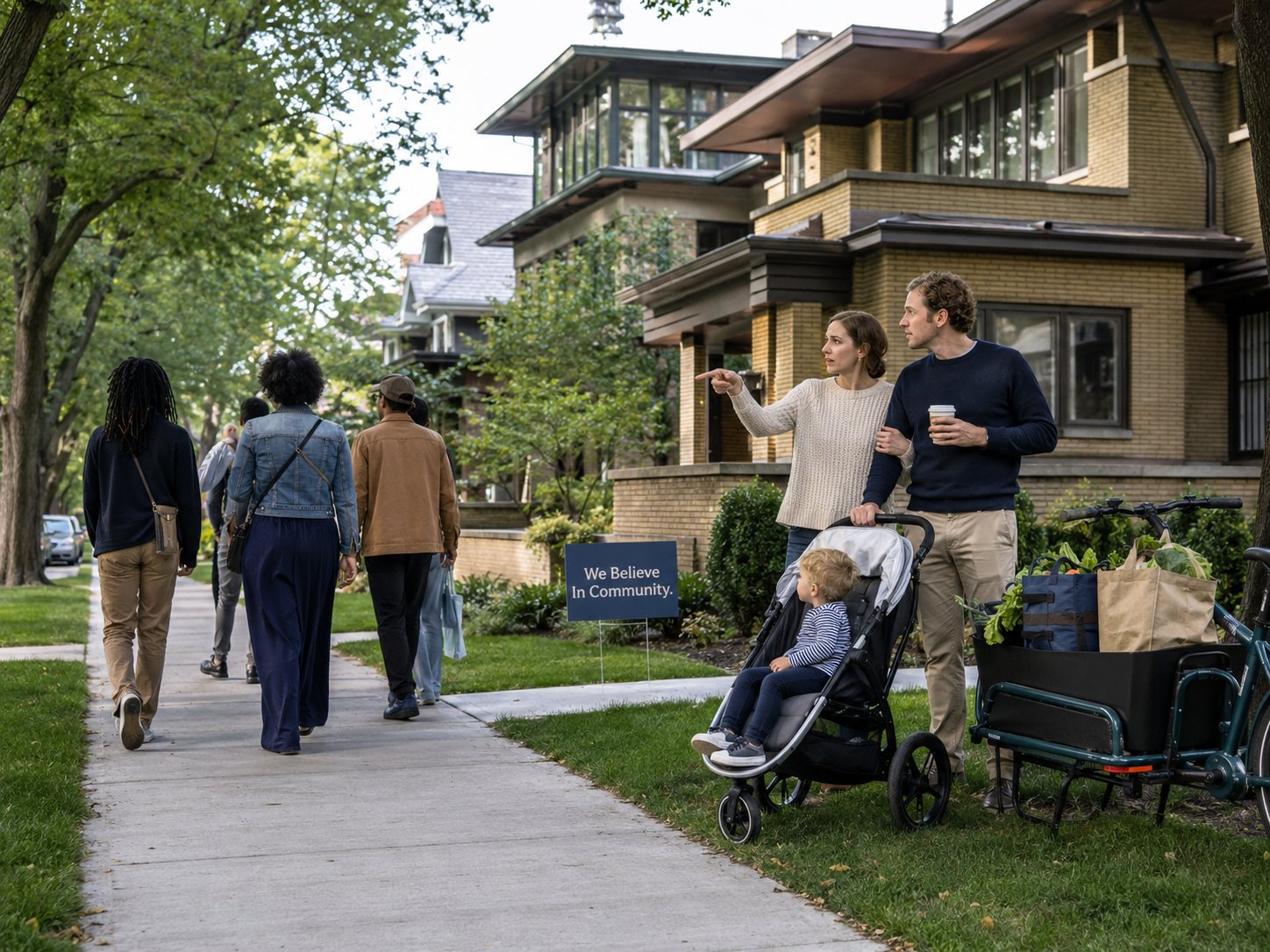 A young family with a stroller gestures toward people walking past Prairie-style homes in Oak Park.